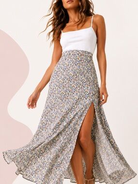 🌾 H&M Romantic Floral Maxi Skirt Side Slit Flowy Cottagecore Picnic Sz 14 Large